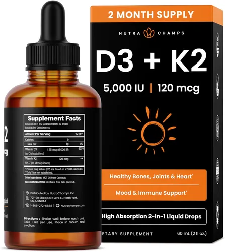 Vista 8 de NutraChamps Gotas de vitamina D3 K2, vitamina líquida D3 5000 UI y K2 D3 con MK7, gotas de vitamina D para niños, huesos, salud cardíaca e