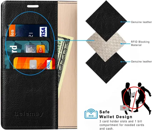 Vista 3 de Belemay Funda tipo cartera compatible con iPhone 8 Plus, de piel de vaca auténtica, funda tipo folio (funda interior de TPU suave), ranuras