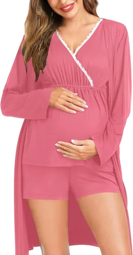 Vista 5 de SWOMOG Conjunto de pijama de maternidad para mujer con bata de 3 piezas, ropa de dormir sin mangas y pantalones cortos para embarazo