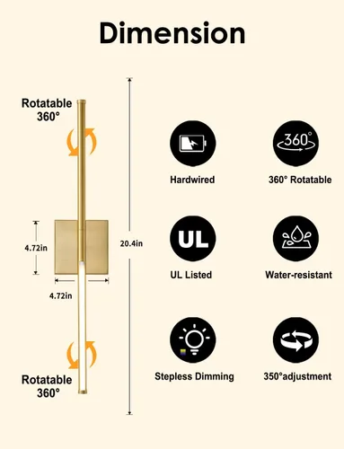 Vista 7 de KARTOOSH Juego de dos apliques de pared modernos, apliques de pared regulables con cableado, rotación de 350°, lámparas de pared LED de latón