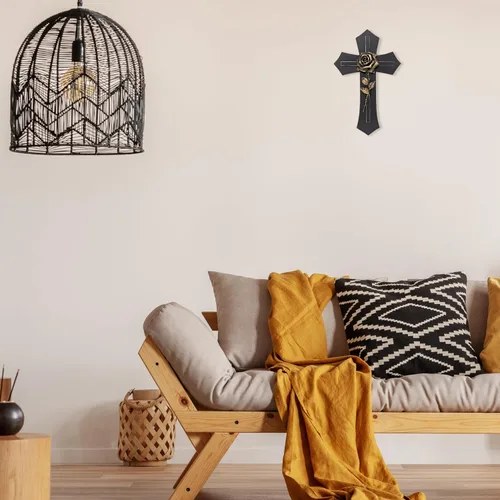 Vista 8 de Cruz de pared negra con tono dorado rosa espiritual decoración arte religioso regalo religioso escultura de arte espiritual de Jesús