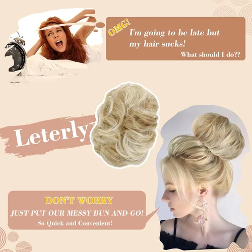 Vista 6 de Moño desordenado, extensiones de cabello sintético con clip de garra, para mujer, rubio ceniza, mezcla de rubio decolorado