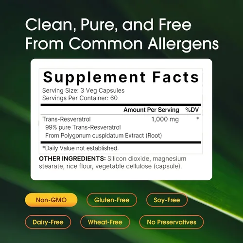 Vista 3 de NatureBell Resveratrol - 180 cápsulas vegetarianas - 1,000 mg de extracto de Polygonum Cuspidatum - Apoyo antioxidante - Corazón, cerebro