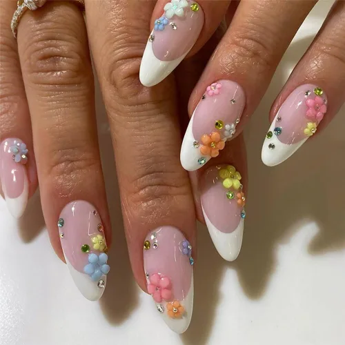 Vista 77 de Uñas postizas a presión medianas con diseño geométrico blanco almendra – 24 uñas postizas reutilizables de ABS brillante, fácil de aplicar, juego