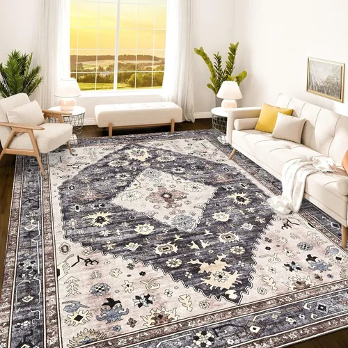 Vista 178 de Istana Alfombra larga antideslizante de 2.5 x 8 para el hogar, para pasillo y cocina, lavable, sedosa y suave al tacto, elegante, color azul y marfil