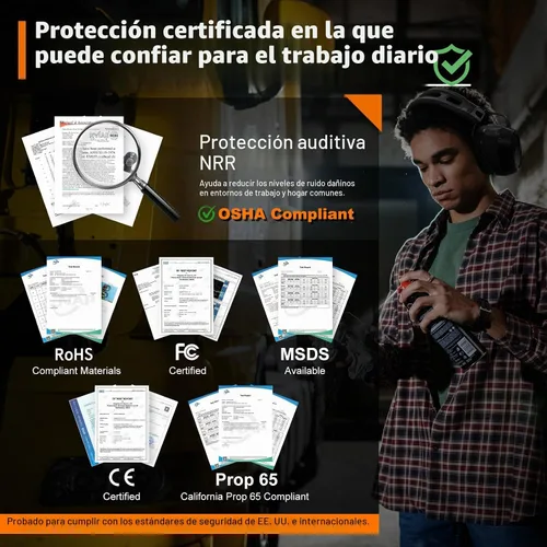 Vista 3 de PROHEAR 039 Bluetooth 6.0 Hi-Fi Hearing Protection Earmuffs 26dB NRR OSHA Approved, Rechargeable Battery, 4 Weeks Runtime, Noise Reduction for