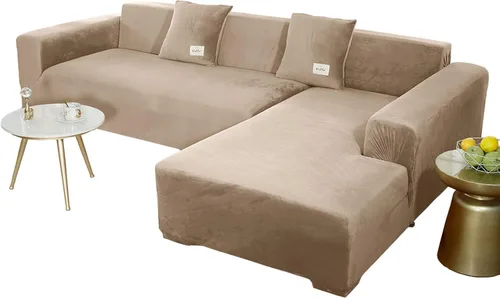 Vista 12 de Fundas de sofá seccionales, funda elástica de terciopelo en forma de L, funda de sofá suave antideslizante para sofá de esquina, beige, 2 plazas + 2