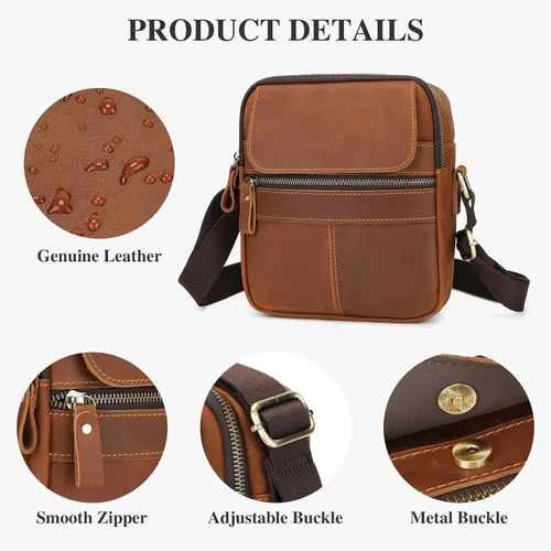 Vista 6 de BAIGIO Bolso cruzado de cuero genuino para hombre, bolso de hombro pequeño, maletín de mensajero de gran capacidad, bolsa de viaje