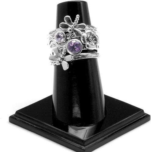 Vista 4 de Silvershake Juego de 4 anillos apilables de plata de ley 925 con piedras preciosas de libélula y flores para mujer, múltiples formas de uso