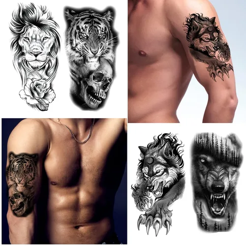 Vista 3 de Tatuajes temporales de animales, 15 hojas de tigre negro león lobo tótem adulto tatuajes temporales, tatuajes falsos hombres