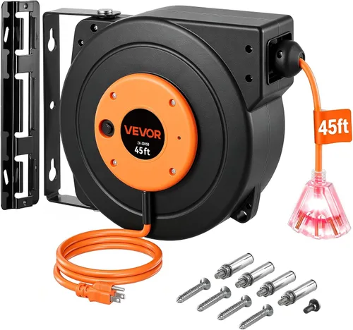 Vista 23 de VEVOR Carrete de cable de extensión retráctil, 30 pies, carrete de cable de alimentación retráctil resistente 16AWG/3C SJTOW con toma triple Rojo