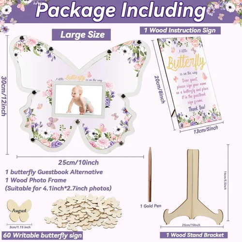 Vista 2 de 64 piezas de decoración de mariposa para baby shower, libros de invitados alternativas para baby shower de niña, letrero de madera para baby shower