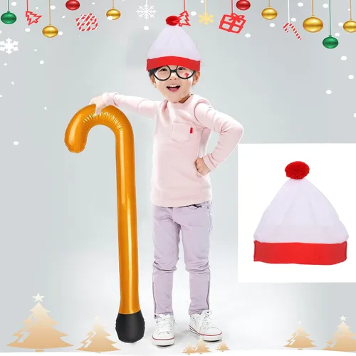 Vista 6 de Red White Beanie Hat Costume Accessory Pompom Beanie Cosplay Glasses Inflatable Walking Sticks for Halloween Christmas