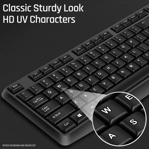Vista 4 de Teclado y mouse con cable, teclado con cable de 104 teclas con teclado numérico, indicadores LED, ergonómico, cómodo juego y enchufe