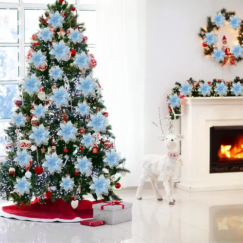 Vista 7 de Geosar 24 piezas de flores de Pascua con purpurina para Año Nuevo, flores artificiales en capas, adornos para árbol de boda y Año Nuevo, 3/4/6 Azul