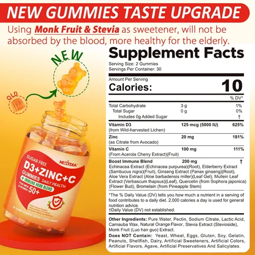 Vista 2 de Gomitas de vitamina C + D3 + zinc sin azúcar para adultos mayores de 50 años, suplemento de defensa inmunológica 9 en 1 con D3 5000IU, saúco