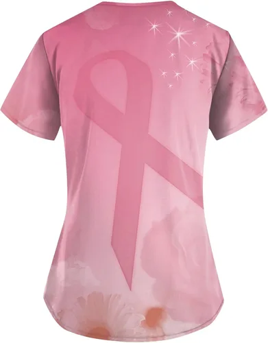 Vista 2 de SGASY Camiseta médica de Halloween para mujer, cuello en V, estampado de calabaza, uniformes de trabajo de enfermera, bolsillos, camiseta elástica