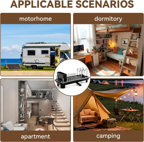 Vista 12 de Escurridor compacto para encimera, tamaño pequeño para dormitorios, caravanas y cocinas pequeñas, drenaje automático, ranuras ajustables, resistente