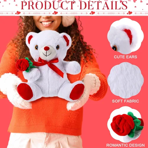 Vista 4 de JellyArch 4 piezas de 11.8 pulgadas de oso de San Valentín, bonitos regalos de oso de peluche para novia sosteniendo rosa y corazón, felpa suave