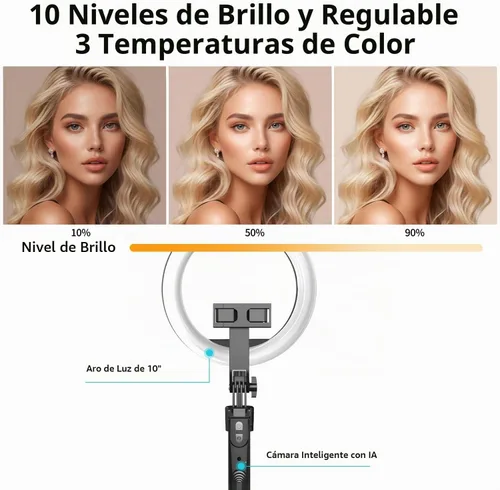Vista 3 de Trípode de seguimiento automático de cara de 70.9 pulgadas con rotación de 360 grados y anillo de luz de 10 pulgadas, trípode para teléfono y selfie