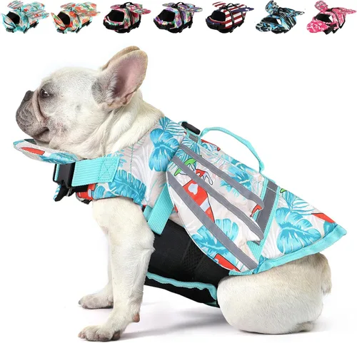 Vista 12 de Petglad Chaleco salvavidas para perro, chaleco salvavidas ajustable con alas lindas con flotador de barbilla y asa, para nadar, navegar, chaleco Azul
