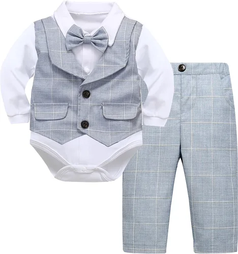 Vista 14 de Conjunto de chaleco para bebés y niños pequeños, camisa corta con corbatín y pantalones, trajes elegantes