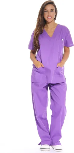 Vista 18 de Just Love Juego de uniforme médico para mujer de seis bolsillos con cuello en V y pantalón cargo Negro