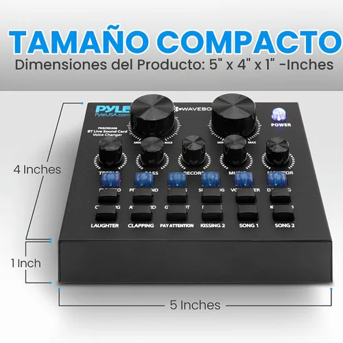 Vista 2 de Pyle Mini mezclador de podcast de audio Bluetooth - Transmisión en vivo para computadora de PC, iPhone, cambiador de voz, tarjeta de sonido V8