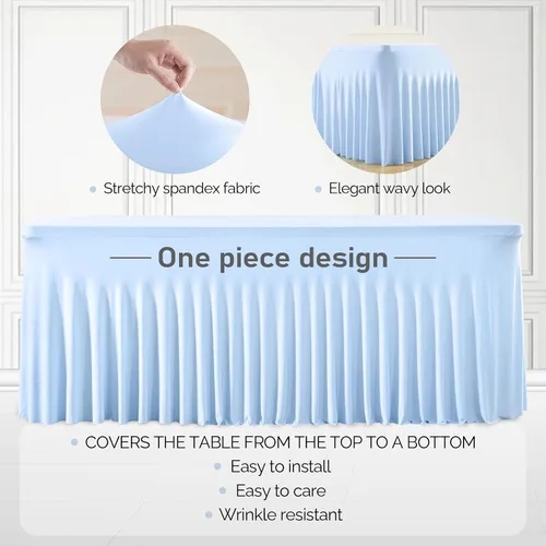 Vista 2 de Paquete de 1 manteles azul bebé para mesas rectangulares de 4 pies, cubiertas de mesa de spandex elástico de una pieza resistentes a las arrugas