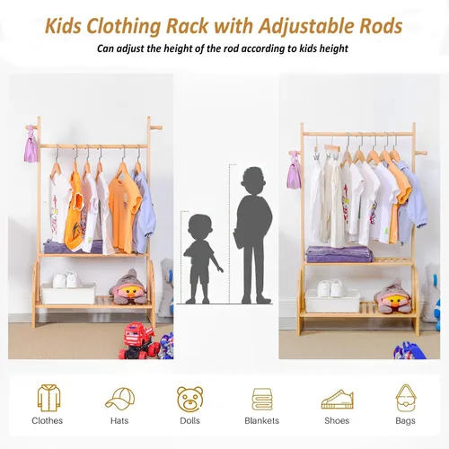 Vista 2 de BAMBOOHOMIE Perchero de ropa para niños con varillas ajustables, perchero de ropa para niños, bebés, mascotas, perchero para niños con 2 estantes
