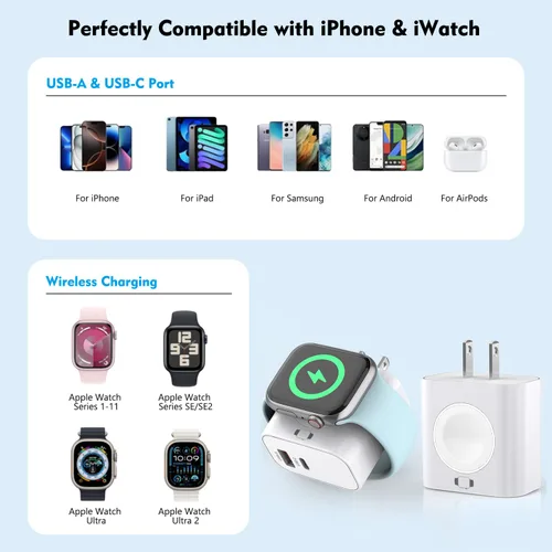 Vista 7 de Cargador de Apple Watch, magnético inalámbrico para carga de Apple Watch, paquete de 2, 23 W de doble puerto (USB-C + USB-A), bloque de carga rápida