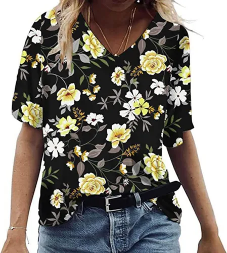 Vista 3 de Tops para mujer 2023 moda boho manga corta mujer estampado suelto top femenino