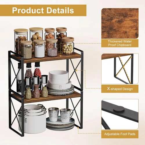 Vista 7 de Giikin Organizador de encimera de cocina, juego de 2 estantes de encimera de cocina, estante elevador para estante de especias para armario y Marrón