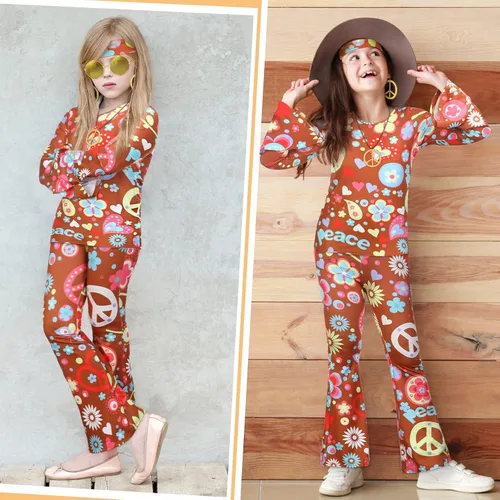 Vista 6 de 7 piezas de traje hippie de los años 60 y 70 para niños y niñas, disfraz hippie de Halloween, camisa de discoteca, pantalón, signo de la paz
