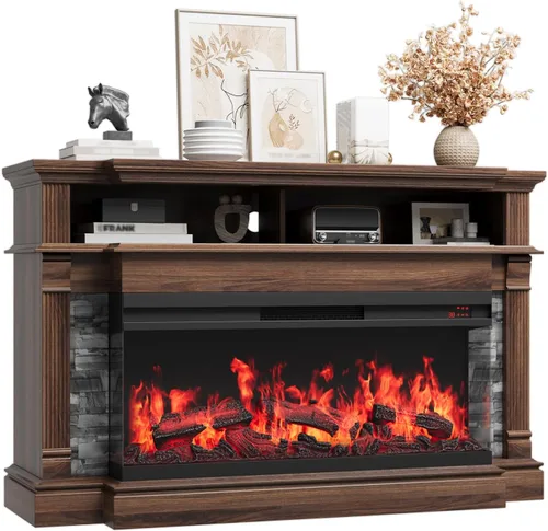 Vista 13 de QUW - Soporte de TV con chimenea para televisores de hasta 65", centro de entretenimiento con chimenea de 52" estilo rústico con chimenea eléctrica
