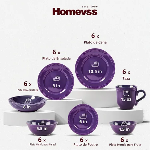Vista 2 de HomeVss, Pearl Dots - Juego de vajilla de cerámica de 42 piezas, color morado