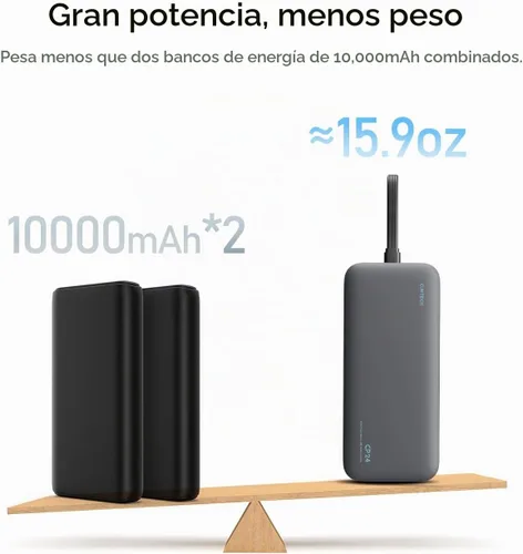 Vista 9 de CUKTECH Banco de energía de 20,000 mAh con cable USB-C integrado, cargador portátil de carga rápida PD de 40 W, batería de 3 puertos para iPhone