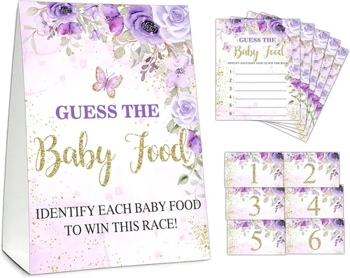 Vista 9 de Guess the Baby Food Party Games, juego de baby shower, 1 letrero de pie + 25 tarjetas de respuesta + 6 tarjetas de números, suministros