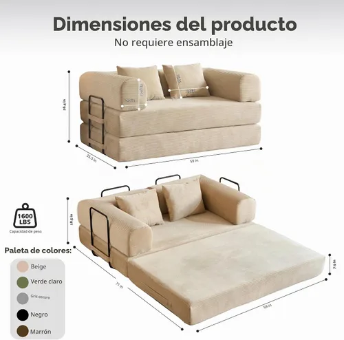 Vista 2 de Sofá Cama Convertible de 59 Pulgadas, Cama de Sofá de Pana Sin Estructura, Sofá Cama Futón Extraíble, Sofá Plegable para Sala de Estar