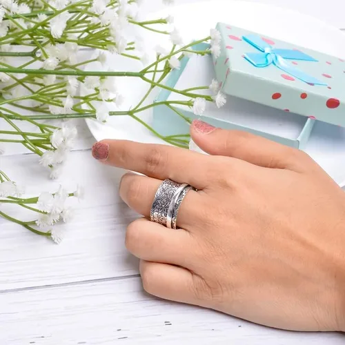 Vista 3 de DAMRU Spinner Ring For Women 925 Sterling Silver Plated Spinning Oxidized Handmade Concave Boho Band Fidget Rings- All Sizes