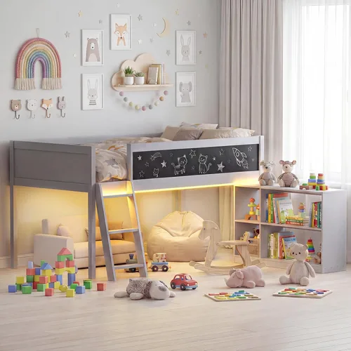 Vista 8 de KOMFOTT Cama baja de tamaño individual con luces LED, marco de cama loft de madera para niños con escalera, barandilla de seguridad de longitud Gris