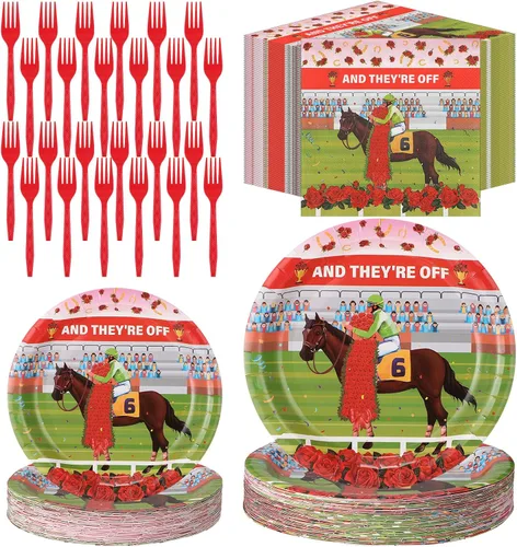 Vista 8 de Roshtia 192 piezas de suministros de fiesta Derby para decoración de fiesta de carreras de caballos, juego de vajilla para fiesta del día del Derby
