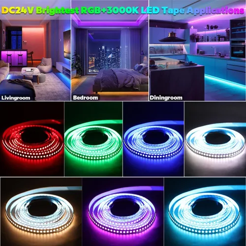 Vista 7 de Tira de luz LED RGBW de 24 voltios más brillante RGBW de alto CRI RGB+blanco cálido, 16.4 ft/16.4 pies denso 600 LED de alto lumen 5050 0.472 in