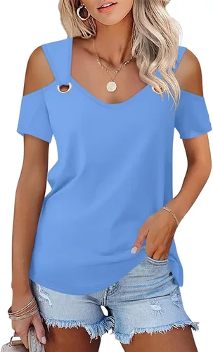 Vista 11 de Minetom - Camisetas básicas de verano para mujer, de manga corta, con hombros descubiertos y cuello en V