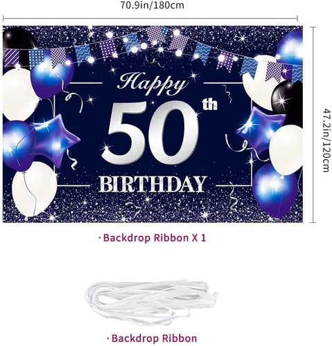 Vista 2 de Telón de fondo de pancarta de feliz cumpleaños 50, color azul y blanco para fiesta de cumpleaños 50, suministros para mujeres y hombres, telón