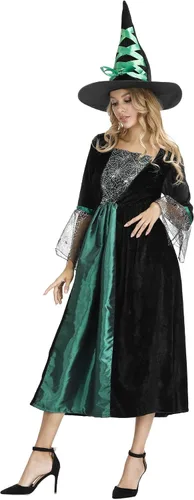 Vista 5 de Grebrafan - Disfraz de bruja para mujer Vestido largo clásico de hechicera 6366 Verde