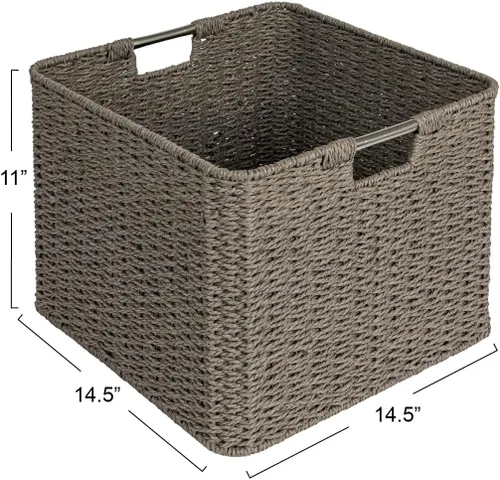 Vista 2 de Household Essentials Cesta tejida cuadrada, cubo de cuerda de papel con asas de acero inoxidable, gris