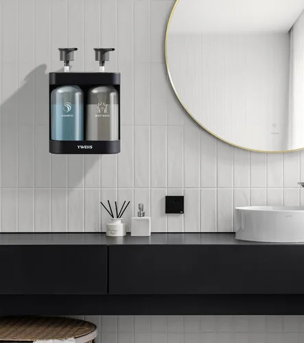 Vista 5 de Dispensador de champú y acondicionador, dispensador de jabón de ducha, 2 cámaras, sin taladro, dispensador de champú para ducha montado en la pared