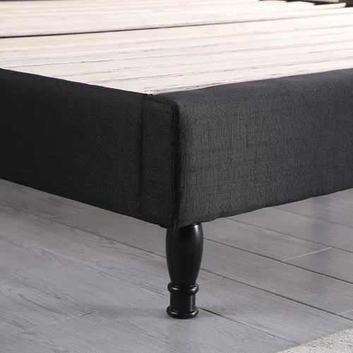 Vista 4 de Base de cama de plataforma tapizada tamaño King con cabecera de 45 pulgadas y base ajustable, cama de lino copetuda con botones, soporte de listones