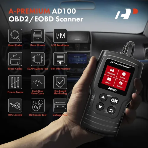 Vista 2 de A-Premium AD100 Herramienta de diagnóstico universal OBD2 escáner, lector de códigos de coche OBDII/EOBD/CAN, comprobar la luz del motor/leer